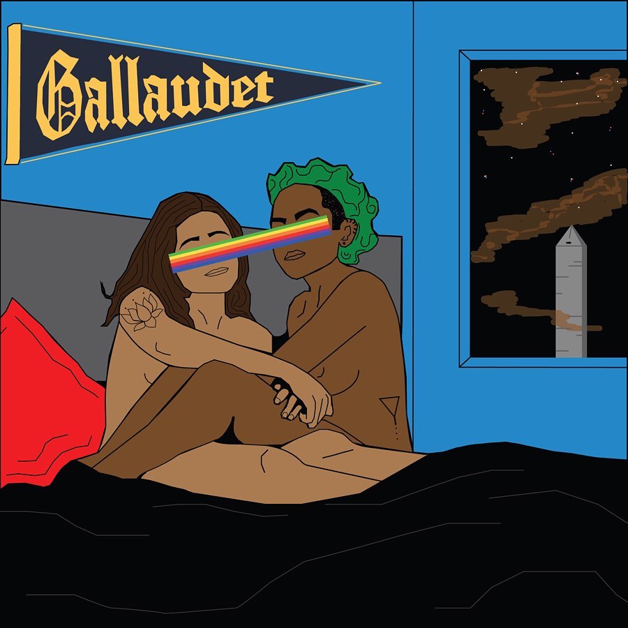 Auf dem ersten Bild ist ein Raum zu sehen, in diesem ein Bett steht, auf dem sich zwei Personen befinden. Hinter ihnen ist ein Fenster, durch welches das Washington Monument bei Nacht, umgeben von orangenen Wolken, zu sehen ist. Die Wand des Zimmers ist blau, das Bett grau mit schwarzer Bettwäsche und rotem Kissen. Über dem Bett hängt eine blau-graue, dreieckige Fahne mit gelbem Schriftzug. „Gallaudet“ ist dort zu lesen. Gallaudet ist die einzige gehörlosen Universität weltweit.
Die beiden Personen auf dem Bett werden von den Betrachtenden intuitiv weilblich gelesen. Wenn auch aufgrund ihrer verschlungenen Art, wie sie auf dem Bett sitzen, trotz ihrer Nacktheit keine ihrer äußeren Geschlechtsmerkmale eindeutig zu erkennen sind. Die Betrachtenden erhaschen nur einen Blick auf die Umrisse ihrer Brüste. Die Gesichtszüge und Frisuren der Personen tragen zur Annahme der Weiblichkeit bei. Anhand des Hauttons der Personen lässt sich eine Zugehörigkeit zur lateinamerikanischen/Schwarzen Community annehmen. Beide befinden sich in einer halb liegenden, halb sitzenden, mehr oder weniger verschlungenen Position. Ihre Gesichter sind den Betrachtenden zugewandt. Fast abstrakt wirkt ein Streifen in Regenbogenfarben, der über die Augen der beiden Bildakteurinnen gemalt ist. Es sieht aus, als hätte jemand Washitape genommen und über diesen Bildbereich geklebt.
Beide Personen sind unbekleidet. Die von den Betrachtenden aus linke Person, trägt ihr langes, dunkles Haar offen. Die andere Person trägt eine grüne Haube, unter welcher kurze dunkle Haare hervorschauen. Beide Personen tragen Tattoos, die Person mit der grünen Haube hat im rechten Ohr viele Piercings. Die linke Person trägt eine abstrakte Seerose auf ihrer Schulter und die rechte Person ein Dreieck auf ihrer Taille. Sie hat ihre Beine über die der anderen Person gelegt. Der Eindruck entsteht, dass sie gerade ihr Liebesspiel vollendet haben oder es gerade beginnen.